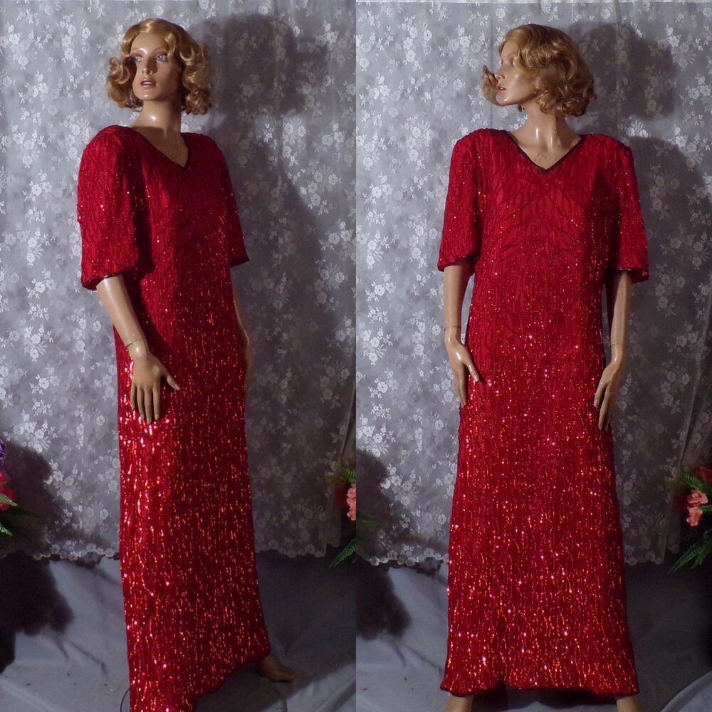 Vintage 80s Red Sequin Gown Size 1X 1980s Retro Glam Maxi Long Evening Art Deco